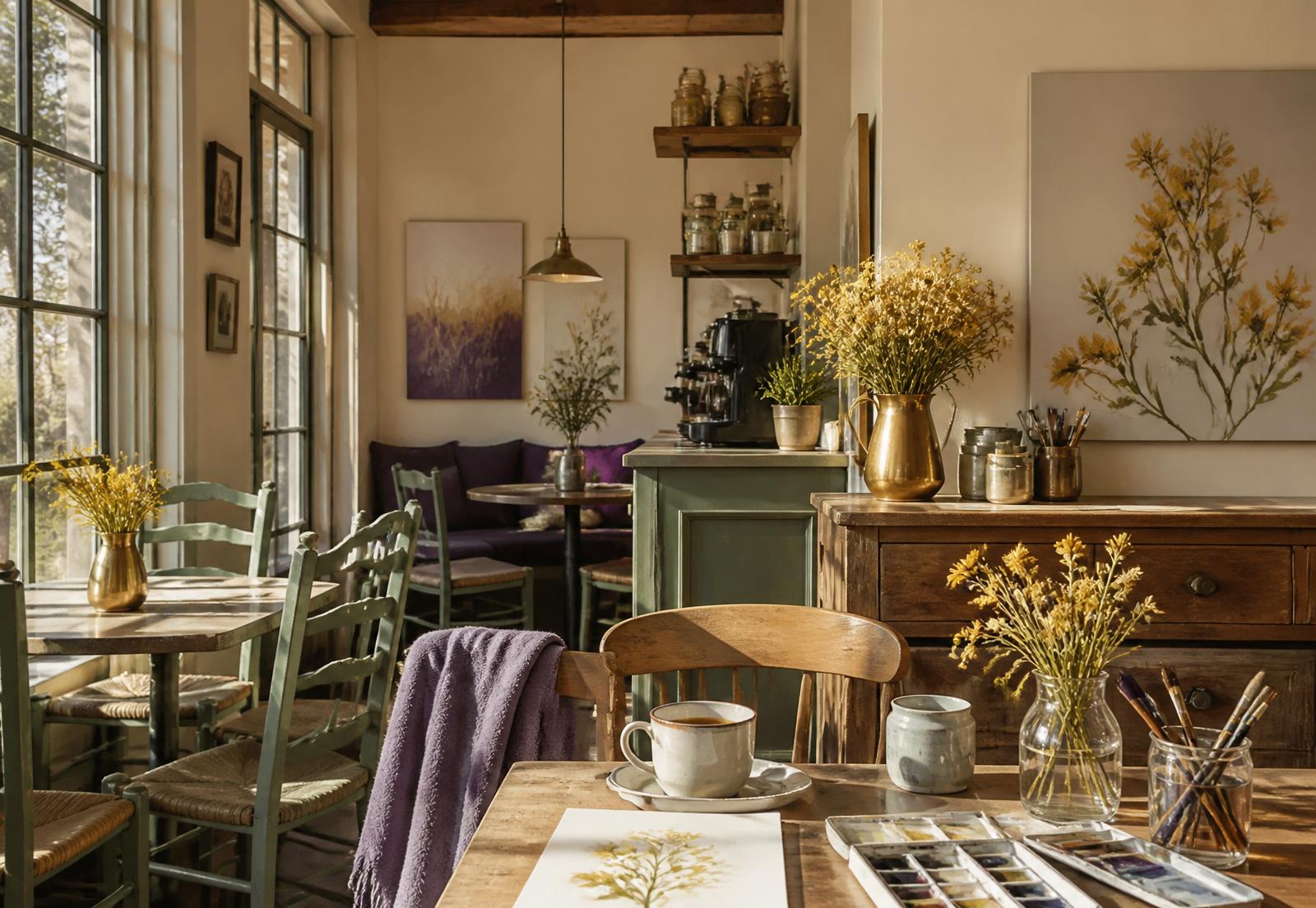 The interior of Rabbitbrush Studio, a warm art cafe and teahouse in Pagosa Springs with sage chairs, purple accents, golden rabbitbrush blooms, and watercolor supplies on a wooden table