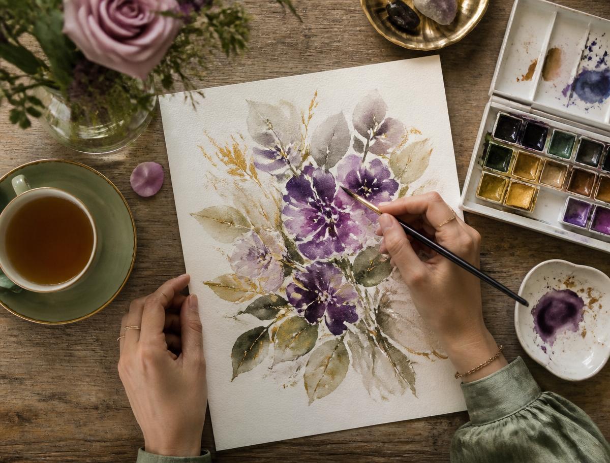 Hands painting watercolor florals at a wooden table with tea